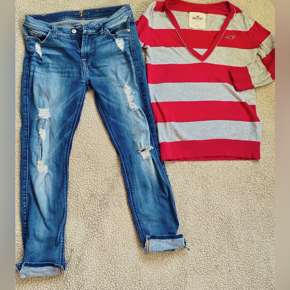 Seven 7 for all mankind jeans distressed / factory holes & Holister v nk sweater
